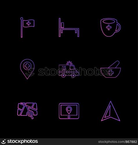 flag, medical , bed, cup , navigation , ambulance, health , bowl , hospital , location , arrow, direction ,icon, vector, design, flat, collection, style, creative, icons