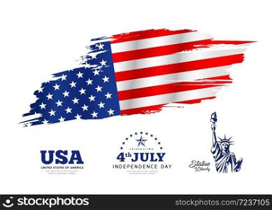 Flag of america, brush stroke design, independence day, with statue of liberty, banners background, vector illustration