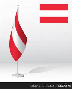 flag of Austria on flagpole for registration of solemn event, meeting foreign guests. National independence day of Austria. Realistic 3D vector on white