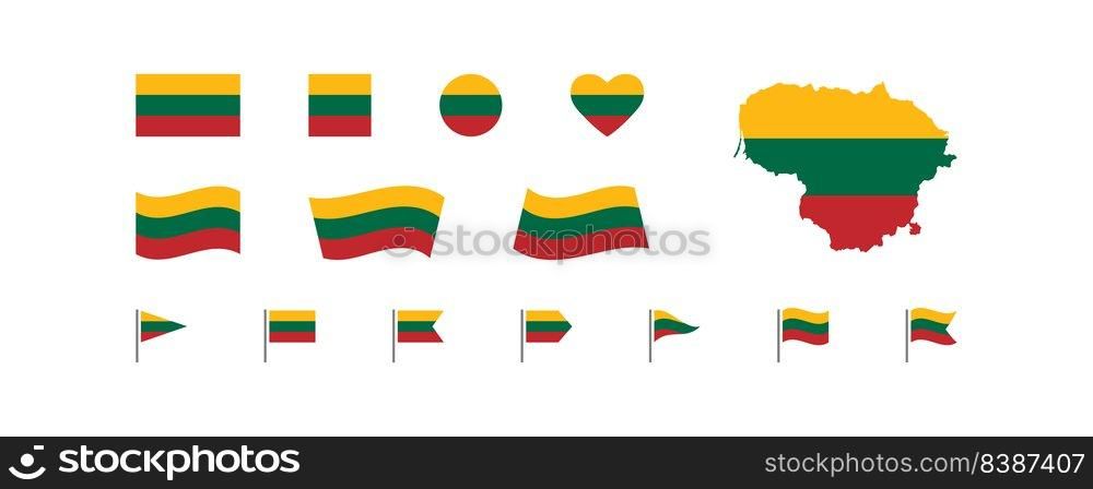 Flag of Lithuania set icon. Lithuanian map button collection. National flags country of Europe. Isolated vector flat illustration