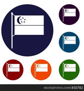 Flag of Singapore icons set in flat circle reb, blue and green color for web. Flag of Singapore icons set