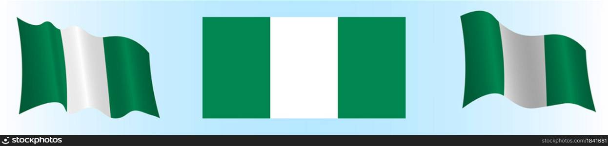 Flag of the Federal Republic of Nigeria in a static position and in motion, developing in the wind, on a white background