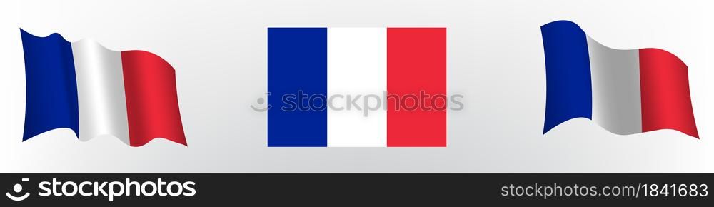 Flag of the French Republic in a static position and in motion, developing in the wind, on a white background