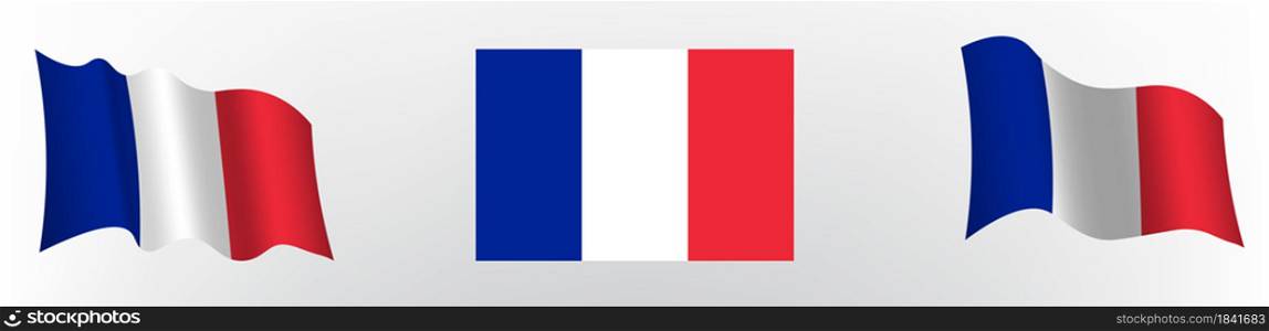 Flag of the French Republic in a static position and in motion, developing in the wind, on a white background