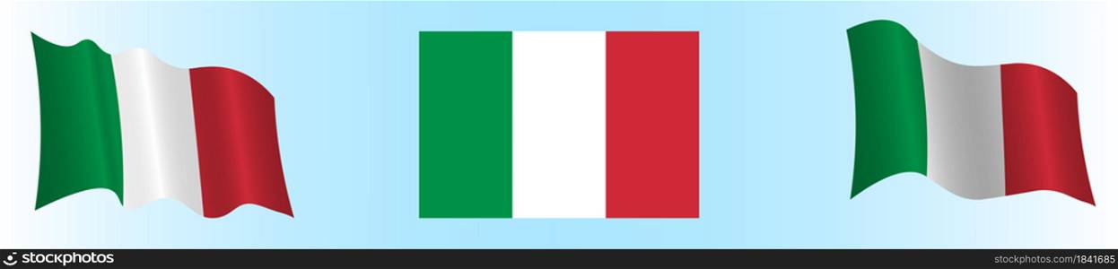 Flag of the Italian Republic in a static position and in motion, developing in the wind, on a white background