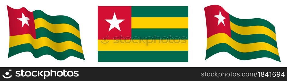 flag of Togolese Republic in static position and in motion, fluttering in wind in exact colors and sizes, on white background
