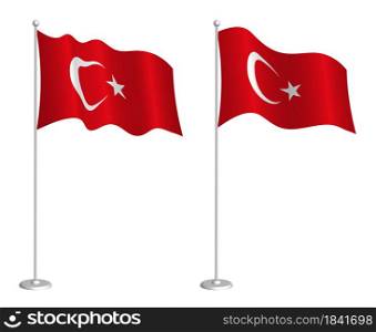 flag of Turkish Republic on flagpole waving in the wind. Holiday design element. Checkpoint for map symbols. Isolated vector on white background
