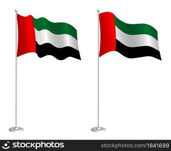 flag of United Arab Emirates on flagpole waving in the wind. Holiday design element. Checkpoint for map symbols. Isolated vector on white background