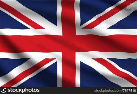 Flag of United Kingdom 3d vector of realistic waving Union Jack. National banner of United Kingdom of Great Britain and Northern Ireland with white and red crosses on blue background. United Kingdom flag, realistic waving Union Jack