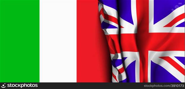 Flag of United Kingdom over the Italy flag. . Flag of United Kingdom over the Italy flag. Vector illustration that can be used as a concept of trade and political relations between the two countries