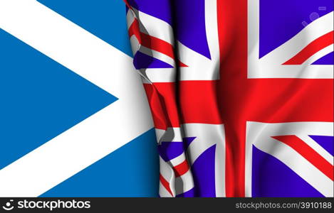 Flag of United Kingdom over the Scotland flag. . Flag of United Kingdom over the flag of Scotland. Vector illustration that can be used as a concept of trade and political relations between the two countries