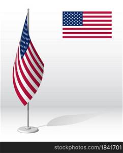 flag of United States of America on flagpole for registration of solemn event, meeting foreign guests. National independence day of USA. Realistic 3D vector on white