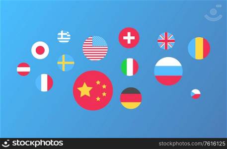 Flag of USA and China vector, isolated rounded shapes of Germany and Japan national colors, Greece and UK great Britain Spain and Italy Sweden Russia. National Flags in Round Shape, USA and China Set