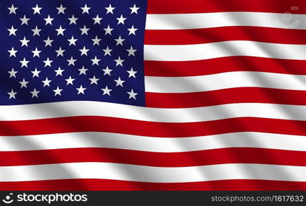 Flag of USA or United States of America vector background. American national banner of Stars and Stripes with waving silk fabric effect. Patriotic symbol, democracy and travel themes. Flag of USA or United States of America background