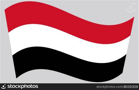 Flag of Yemen waving on gray background. Flag of Yemen waving