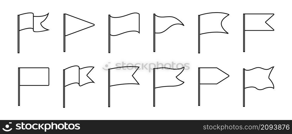 Flag outline icon. Set of pictogram flags. Line flags for map, destination and location. Pennant for banner. Waving shapes. Sign of start, finish, pin, gps, travel and target. Vector.