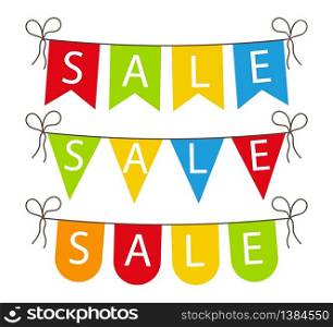Flag sale. Banner for celebrate sale. Fair with bright, colorful decoration. Festive discount with color bunting. Shopping concept. Hanging garland and ribbon on outdoor for happy event. Vector.. Flag sale. Banner for celebrate sale. Fair with bright, colorful decoration. Festive discount with color bunting. Shopping concept. Hanging garland and ribbon on outdoor for happy event. Vector