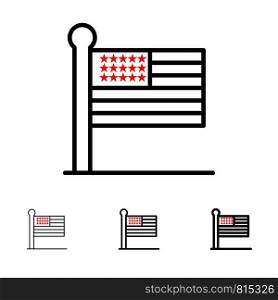 Flag, States, United, Usa Bold and thin black line icon set