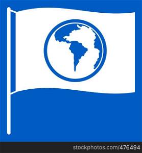 Flag with world planet icon white isolated on blue background vector illustration. Flag with world planet icon white