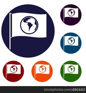 Flag with world planet icons set in flat circle red, blue and green color for web. Flag with world planet icons set