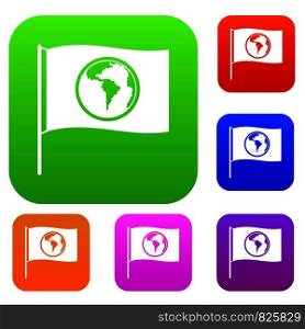 Flag with world planet set icon color in flat style isolated on white. Collection sings vector illustration. Flag with world planet set color collection