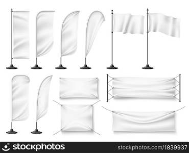 Flags and banners mockup. Realistic white textile blank promotional templates on flagstaffs, advertising clean fabric canvases for exhibition or promotion vector set. Flags and banners mockup. Realistic white textile blank promotional templates on flagstaffs, advertising clean fabric canvases. Vector set