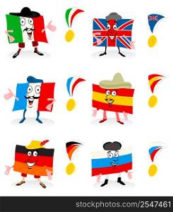 Flags and medals. Ridiculous tags of the European countries and a medal. A vector illustration