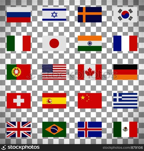 Flags icons in flat style isolated on transparent background, vector illustration. Flags icons on transparent background