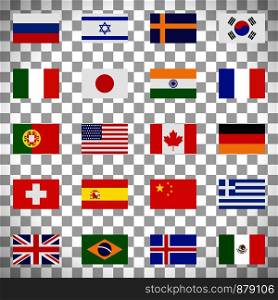 Flags icons in flat style isolated on transparent background, vector illustration. Flags icons on transparent background