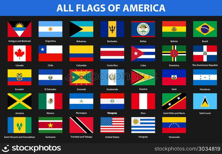 Flags of all countries of American continents. Flat style