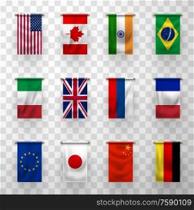 Flags of countries, 3d vector banners. National flags of Germany, France, Italy and Brazil, Japan, China, Canada and Russia, United States of America, European Union, United Kingdom and India. Flags of world countries, 3d banners