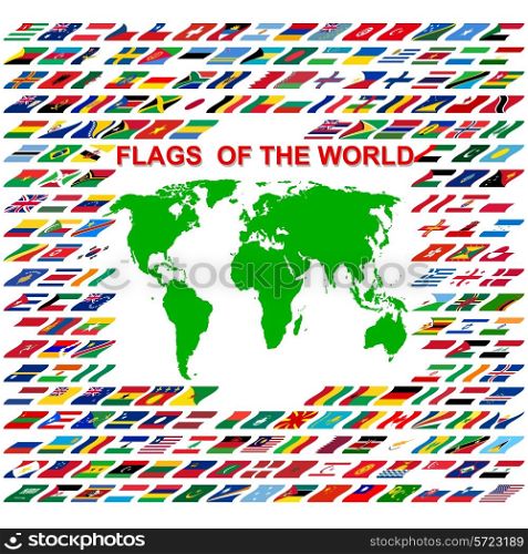Flags of the world and map on white background. Vector illustration.