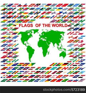 Flags of the world and map on white background. Vector illustration.