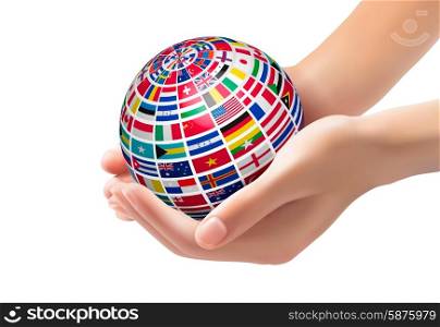 Flags of the world on a globe, held in hands. Vector illustration.