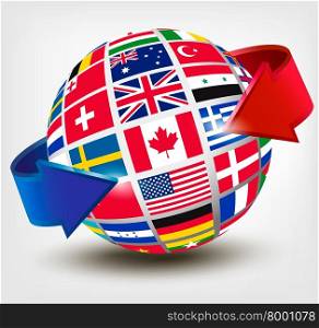 Flags of the world on a globe with an arrow. Vector illustration