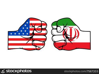 Flags of USA and Iran on fists vector concept, war and political conflict design. Hands with American and Iranian national banners, Islamic Republic of Iran and United States military confrontation. Iran and USA political conflict, fists with flags