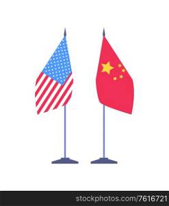 Flags on stick of USA and China on white, patriotic elements, international decoration, american and asian emblems with stars, sign of country vector. China USA International Country Flags Vector Signs