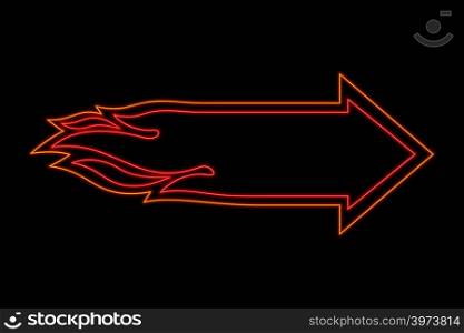 Flame arrow neon sign. Bright glowing symbol on a black background. Neon style icon.