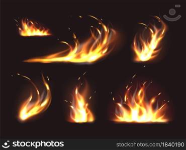 Flame elements. Realistic different shapes combustion, isolated 3d fires, blazing jet, campfires and flames with flying sparks flaming effect vector set. Flame elements. Realistic different shapes combustion, isolated 3d fires, blazing jet, campfires and flames with flying sparks, vector set
