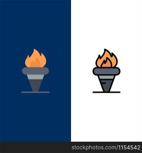 Flame, Games, Greece, Holding, Olympic Icons. Flat and Line Filled Icon Set Vector Blue Background