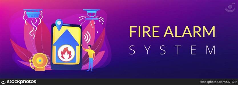Flame in house remote notification. Smart home, high tech. Fire alarm system, fire prevention methods, smoke and fire alarm concept. Header or footer banner template with copy space.. Fire alarm system concept banner header.