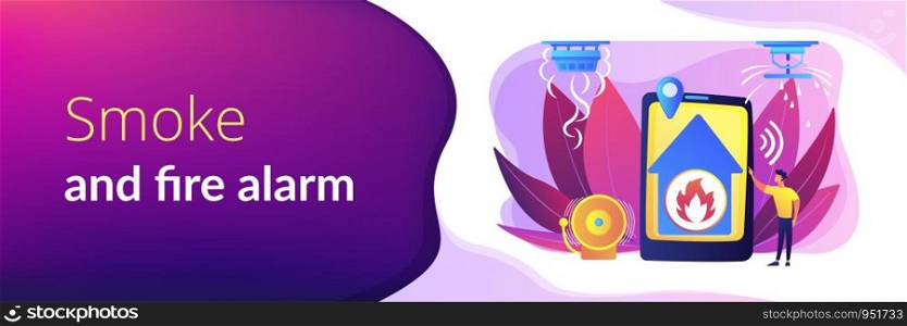 Flame in house remote notification. Smart home, high tech. Fire alarm system, fire prevention methods, smoke and fire alarm concept. Header or footer banner template with copy space.. Fire alarm system concept banner header.