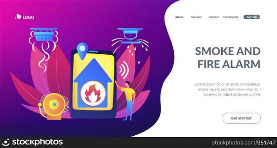 Flame in house remote notification. Smart home, high tech. Fire alarm system, fire prevention methods, smoke and fire alarm concept. Website homepage landing web page template.. Fire alarm system concept landing page.