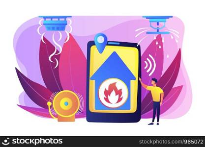 Flame in house remote notification. Smart home, high tech. Fire alarm system, fire prevention methods, smoke and fire alarm concept. Bright vibrant violet vector isolated illustration. Fire alarm system concept vector illustration.