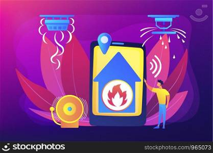 Flame in house remote notification. Smart home, high tech. Fire alarm system, fire prevention methods, smoke and fire alarm concept. Bright vibrant violet vector isolated illustration