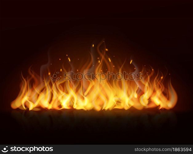 Flame line realistic. Hot fireplace flames burning fiery wall warm fire, blazing bonfire red and orange color effect. Horizontal background on black. Banner and poster isolated vector decor element. Flame line realistic. Hot fireplace flames burning fiery wall warm fire, blazing bonfire red and orange color effect. Horizontal background on black. Banner or poster isolated vector element