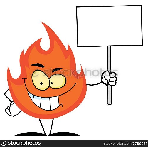 Flame Mascot Cartoon Character Holding A Blank White Sign