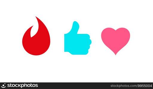Flame, thumb up and heart icons. Flat vector illustration isolated on white.. Flame, thumb up and heart icons. Vector illustration