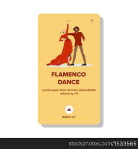 Flamenco Dance Dancing Couple Boy And Girl Vector. Young Man Holding Rose In Mouth And Woman Dance Flamenco, Wearing Spanish Traditional Cultural Costumes. Characters Web Cartoon Illustration. Flamenco Dance Dancing Couple Boy And Girl Vector