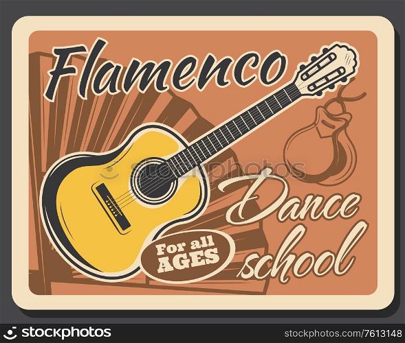 Flamenco Spanish dance school. Spain dancing, culture and national traditions. Professional flamenco dancer club courses or classes retro poster with castanets and guitar musical instruments. Flamenco Spanish dance school, dancing class